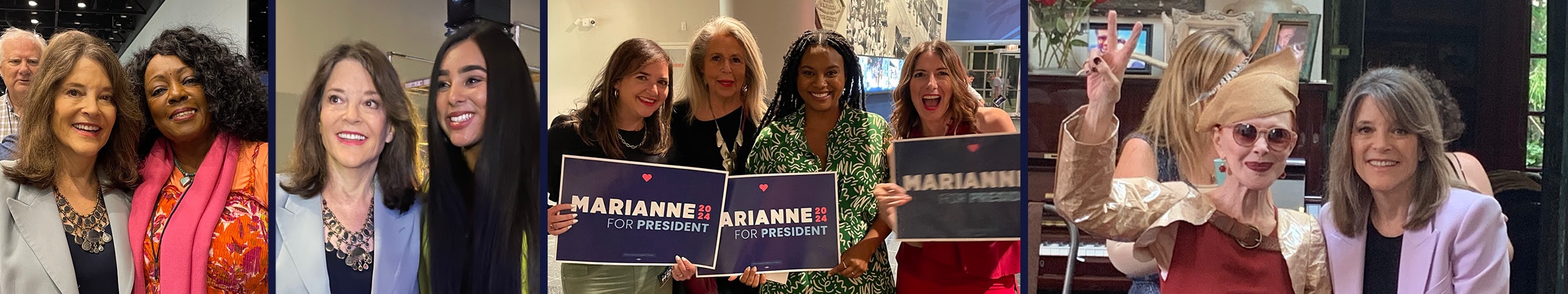 A group of women holding signs with their faces on them in support of Marianne 2024.
