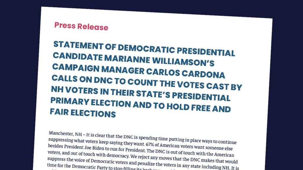 Statement of Marianne Williamson's call to manage the cash vote and hold free and fair elections.
